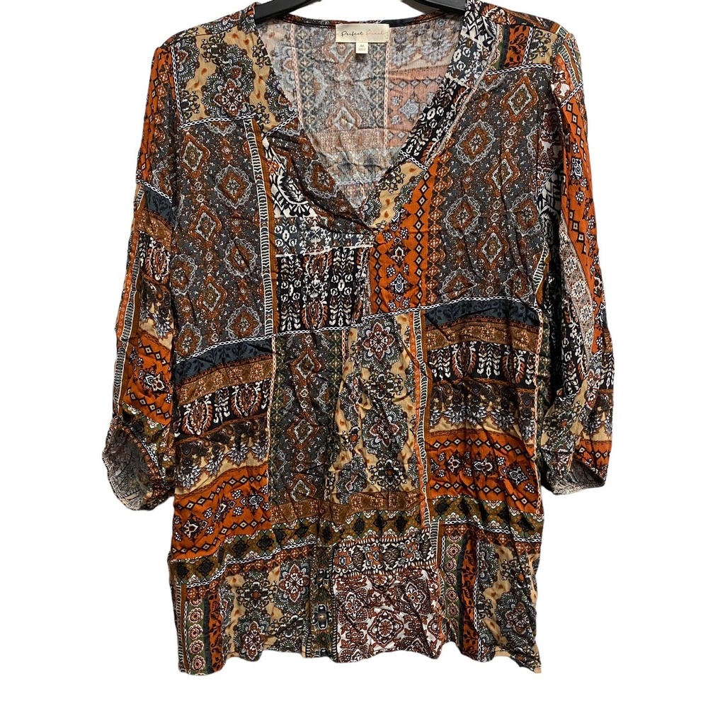 Perfect Peach Women's Blouse Medium VNeck 3/4 Sleeve Boho Abstract Floral Artsy